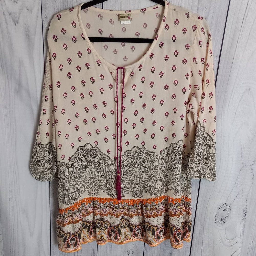 Boca Bay | Floral & Paisley Boho Peasant Top with Tassel Accent